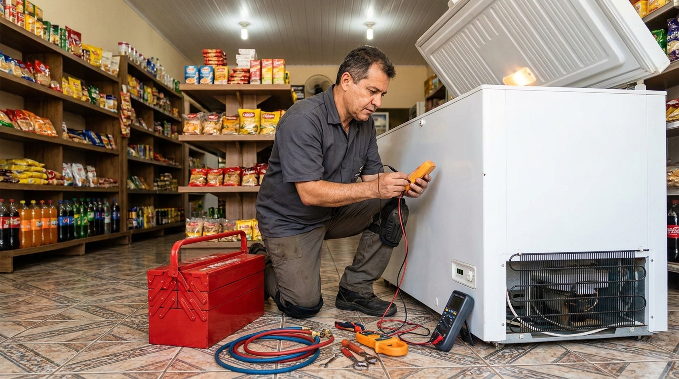 Recarga de gás refrigerante no freezer durante atendimento em Florianópolis‑SC