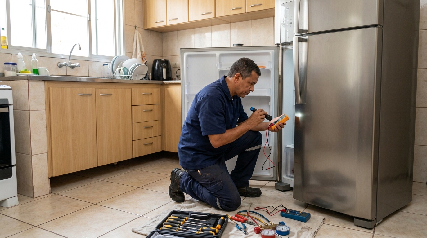 Técnico aplicando recarga de gás refrigerante em geladeira em Florianópolis‑SC